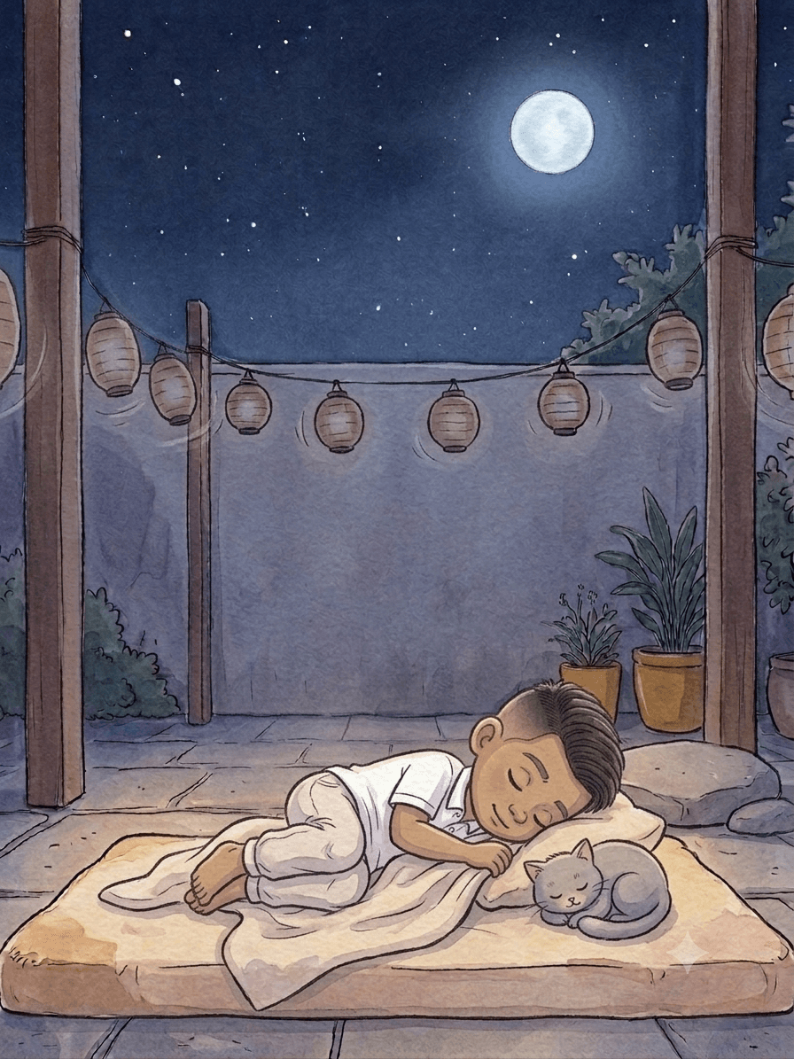 まんまるの月の下、ねこと並んでぐっすり眠るカウエくんの絵本ページ