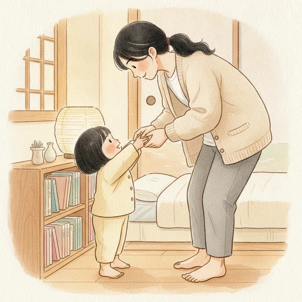 本棚のそばで、母親に両手をのばす子どものイラスト